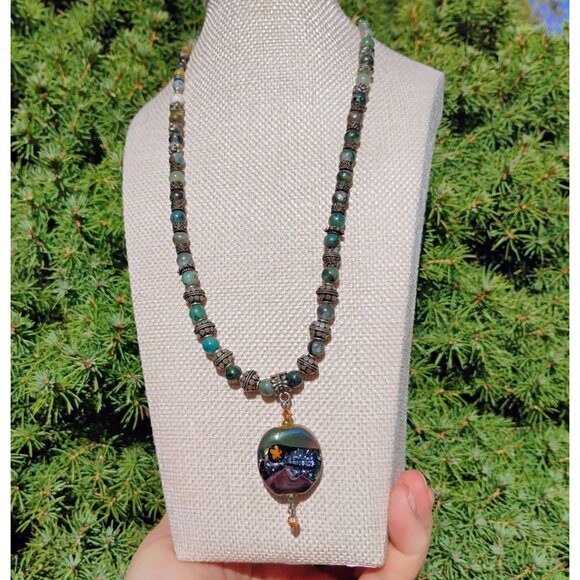OOAK Dichroic Glass Pendant on Chain w/Sterling Silver Jade & Gemstone Beads 18" - Picture 3 of 7